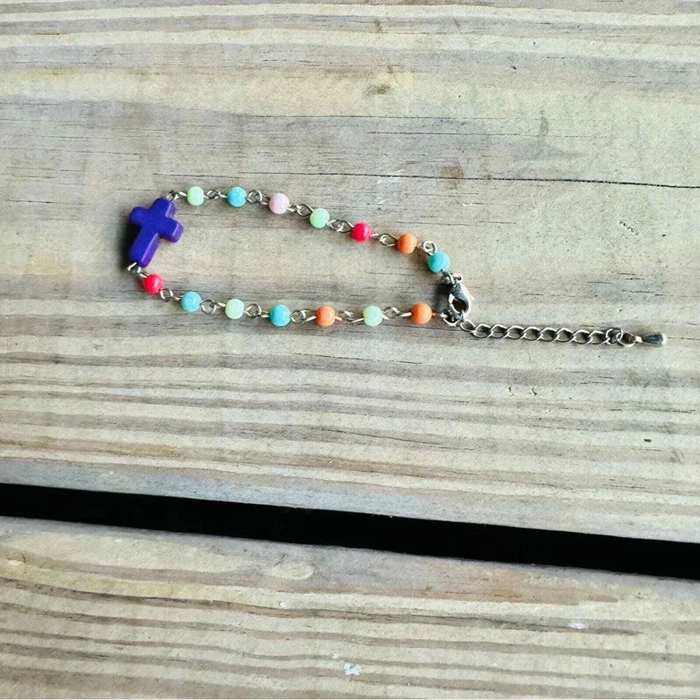 Purple Cross Bracelet Easter Beaded Kids Girl‎ Child Communion Spring Dainty